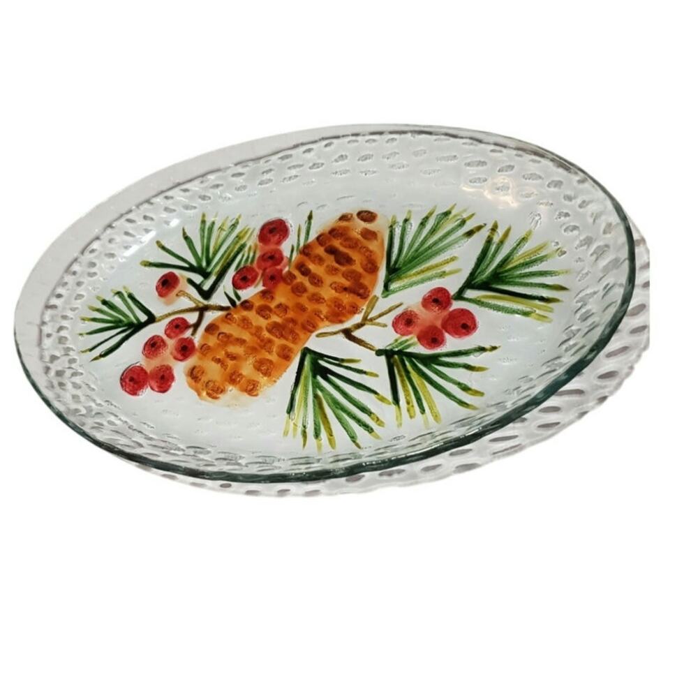 Vtg Oval Christmas Serving Tray Rippled Glass w/Color Pieces Applied on Reverse